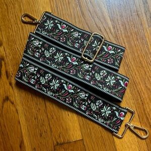 Vintage Ribbon Crossbody Guitar Purse Strap, Floral Embroidery, Gold Hardware